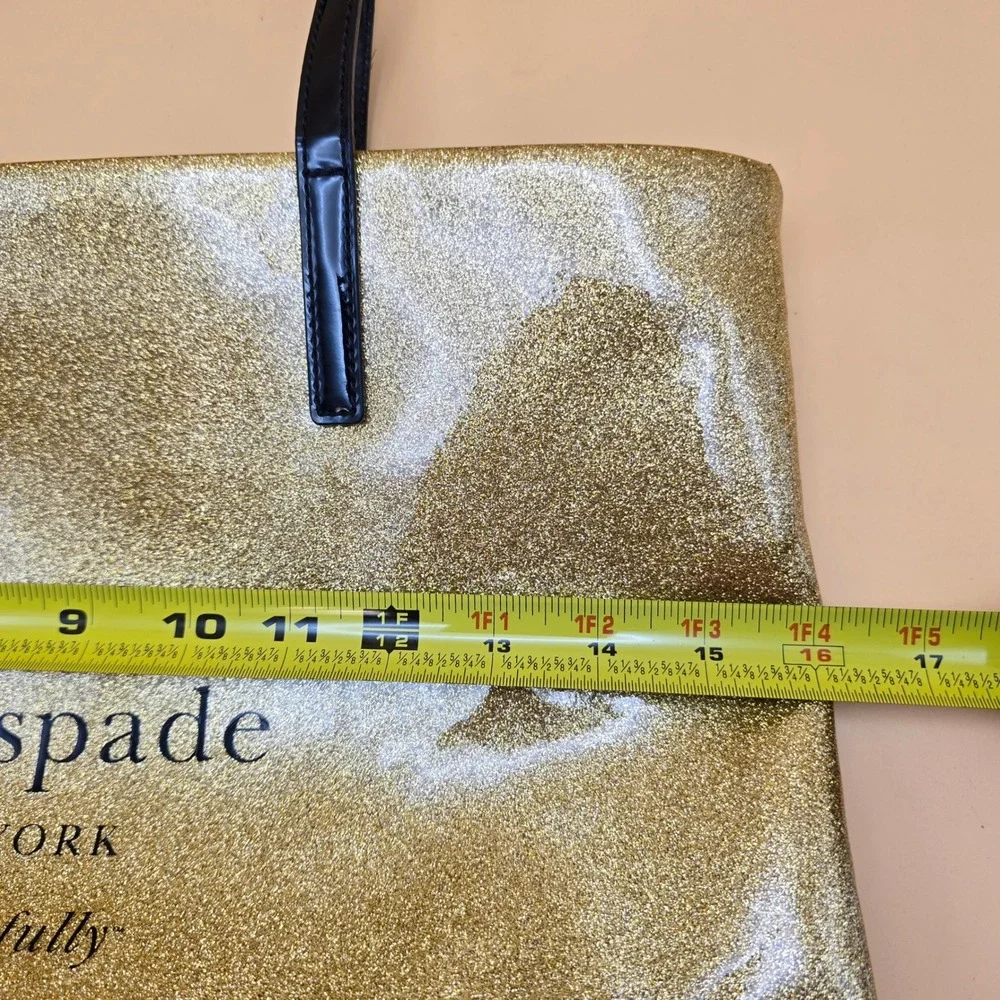 Kate Spade Live Colorfully Gold Glitter Tote Bag Black Patent Handles Large